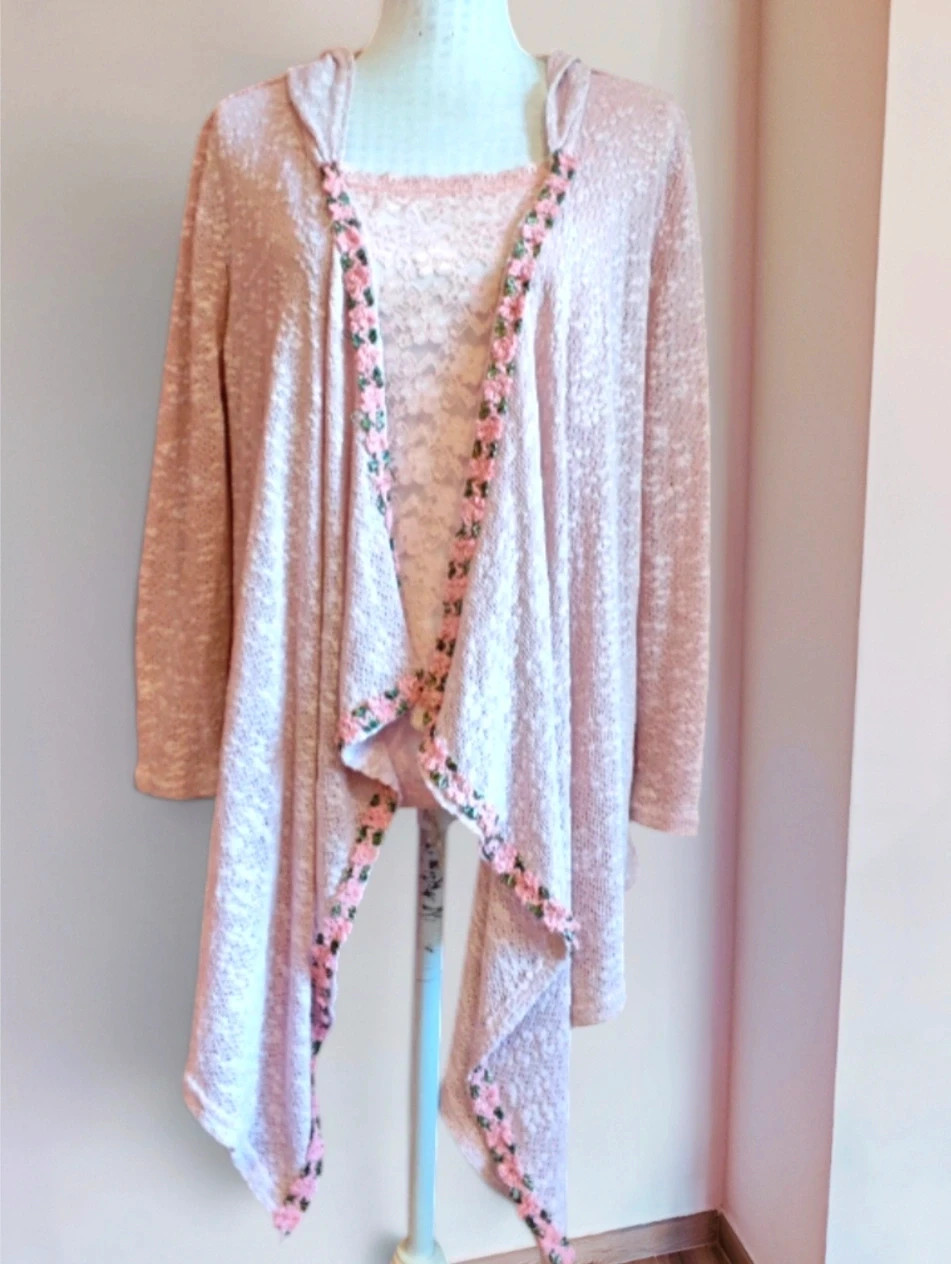 🌺Chaqueta de punto de algodón rosa jaspeado con pasamanería bordada