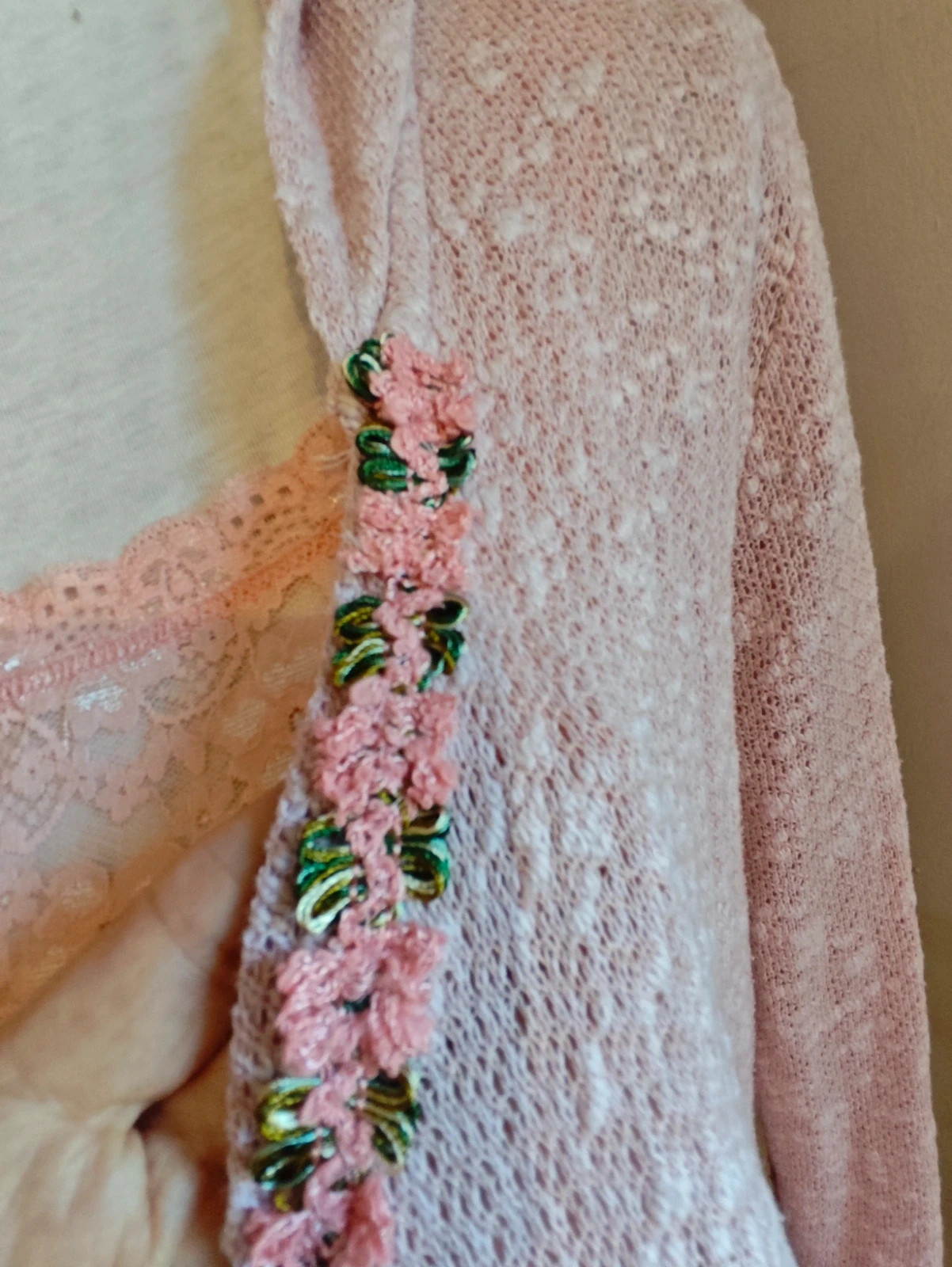 🌺Chaqueta de punto de algodón rosa jaspeado con pasamanería bordada – Colours of the World – taille 4XL / 48 / 20 5