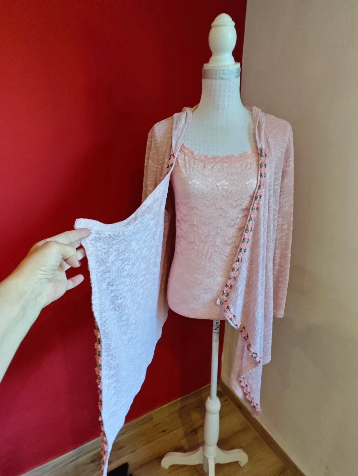 🌺Chaqueta de punto de algodón rosa jaspeado con pasamanería bordada – Colours of the World – taille 4XL / 48 / 20 4