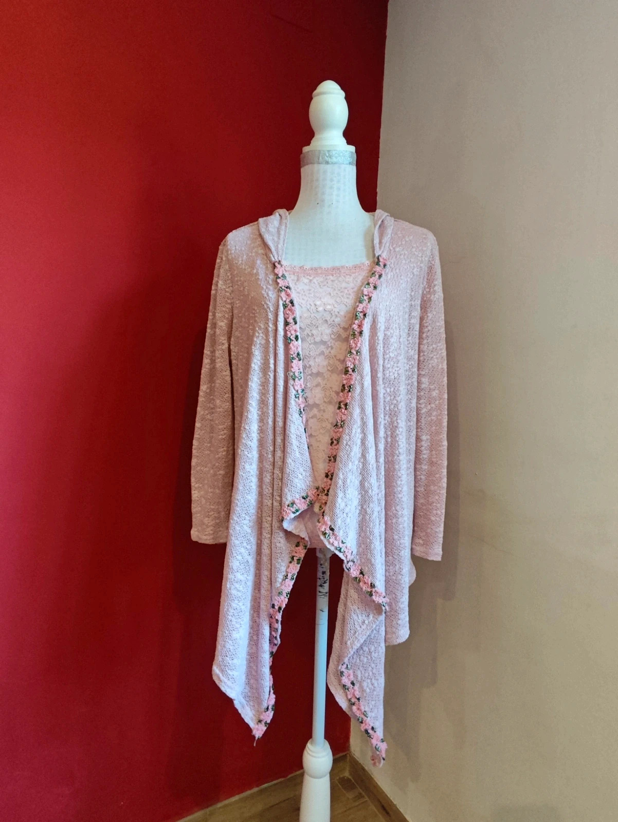 🌺Chaqueta de punto de algodón rosa jaspeado con pasamanería bordada – Colours of the World – taille 4XL / 48 / 20 2