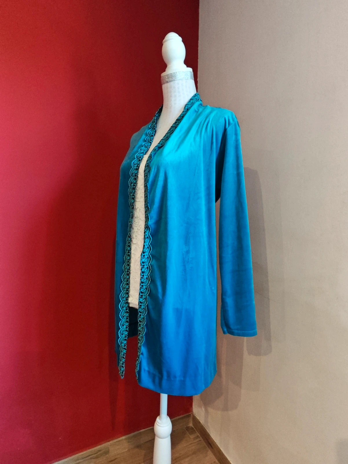 🌺Chaqueta de terciopelo azul turquesa con cinta de pasamaneríacon flores marrón – Made In Italy – taille 4XL / 48 / 20 3