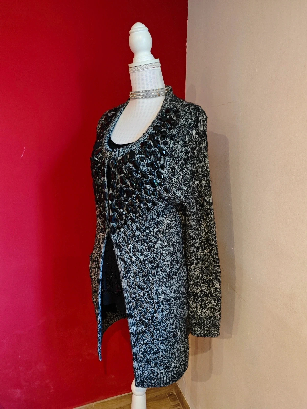 🌺Divina chaqueta abrigo de punto jaspeado negro y blanco con abalorios negros en escote – Danity – taille L / 40 / 12 4