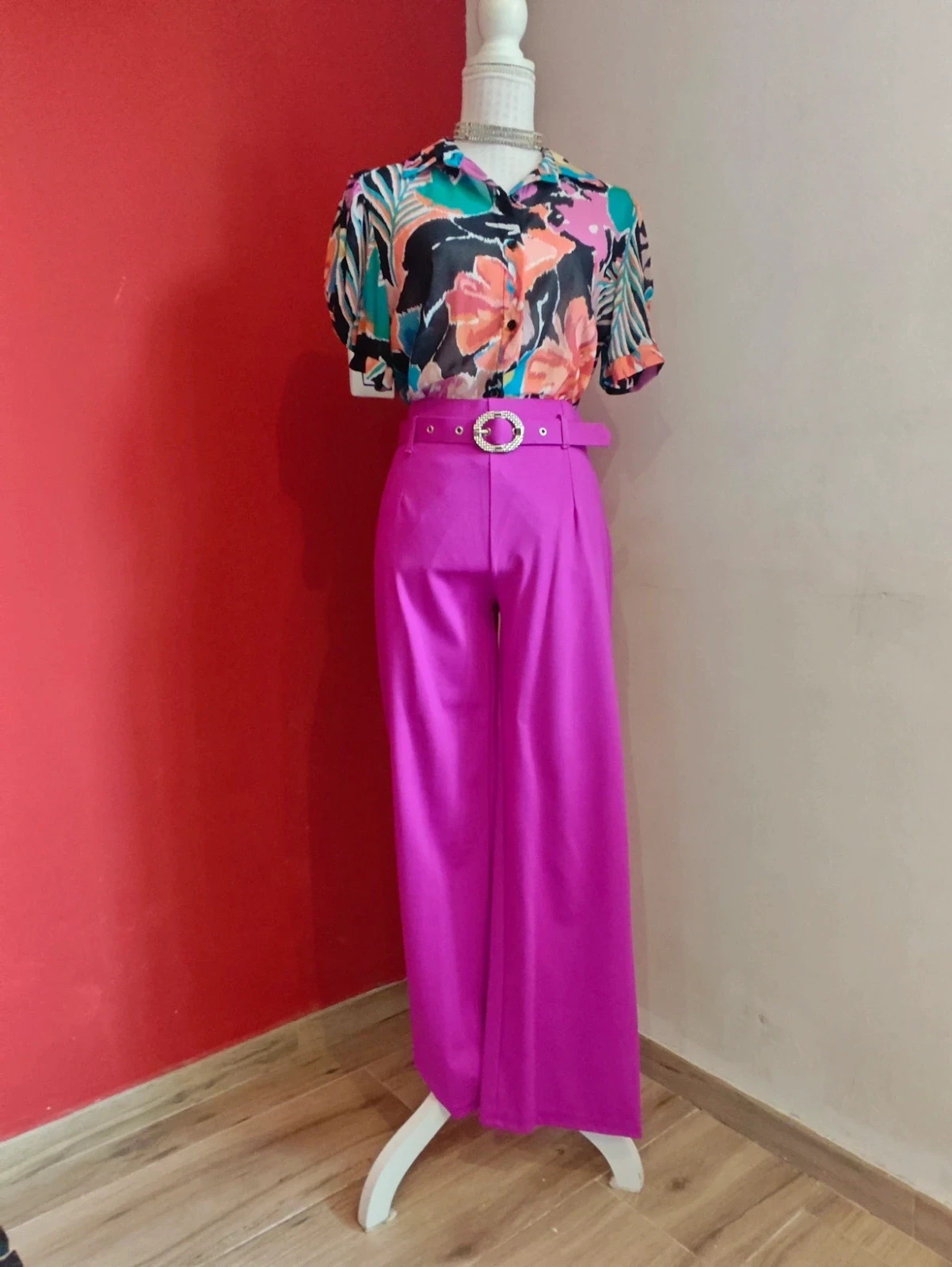 🌺Pantalón super estiloso fucsia de pata ancha con cinturón – Made In Italy – taille L / 40 / 12 3