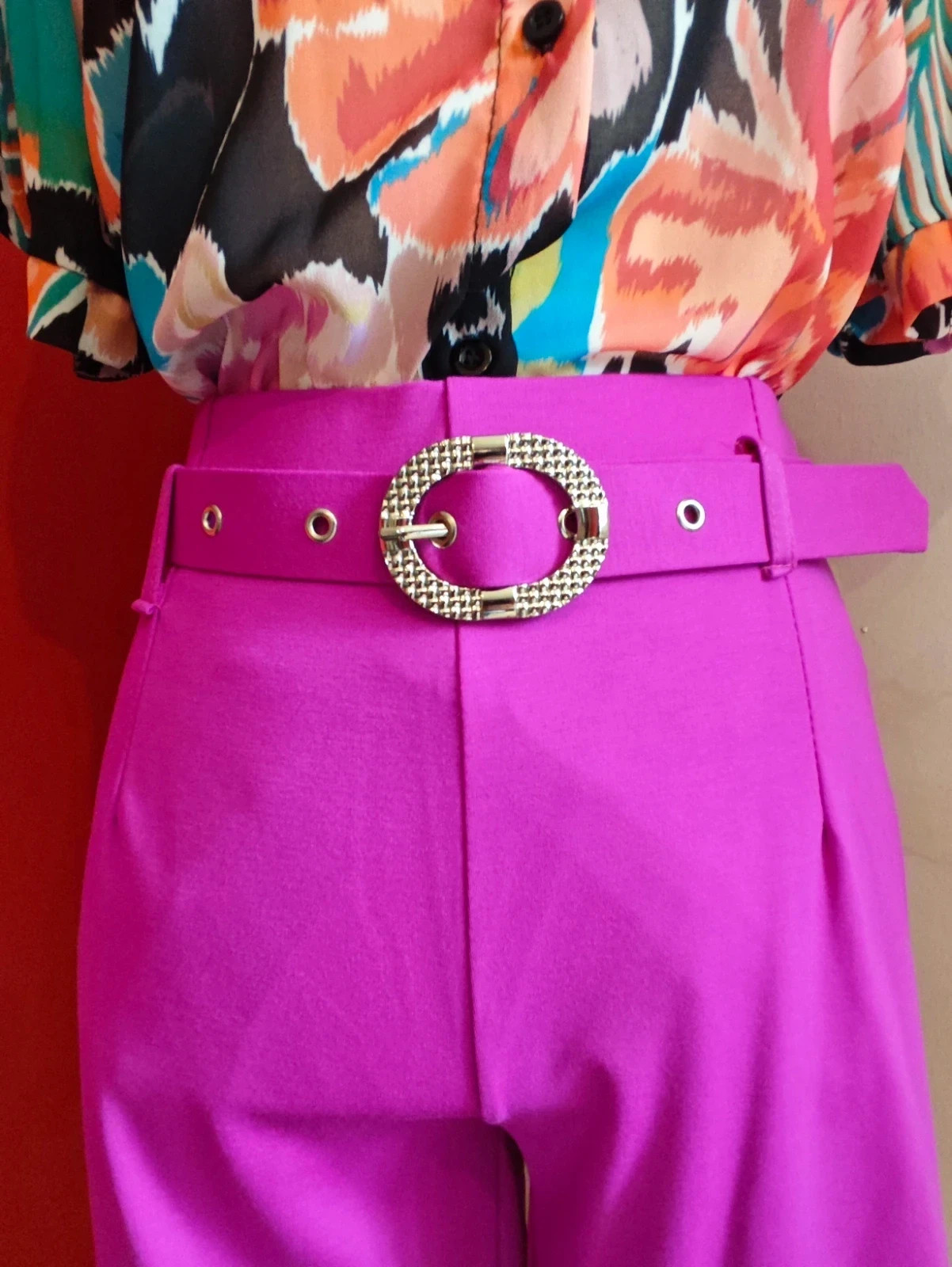 🌺Pantalón super estiloso fucsia de pata ancha con cinturón – Made In Italy – taille L / 40 / 12 5