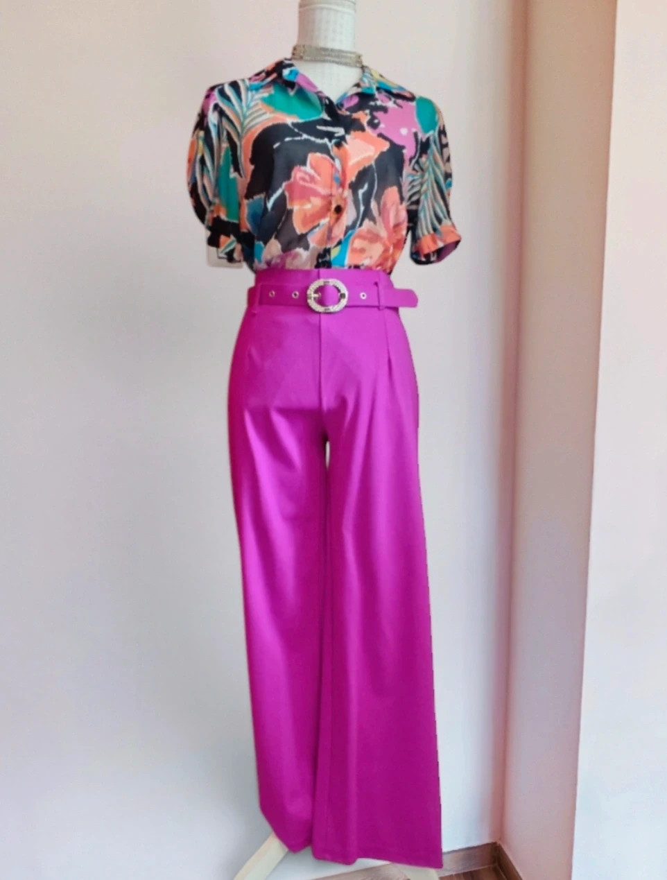🌺Pantalón super estiloso fucsia de pata ancha con cinturón