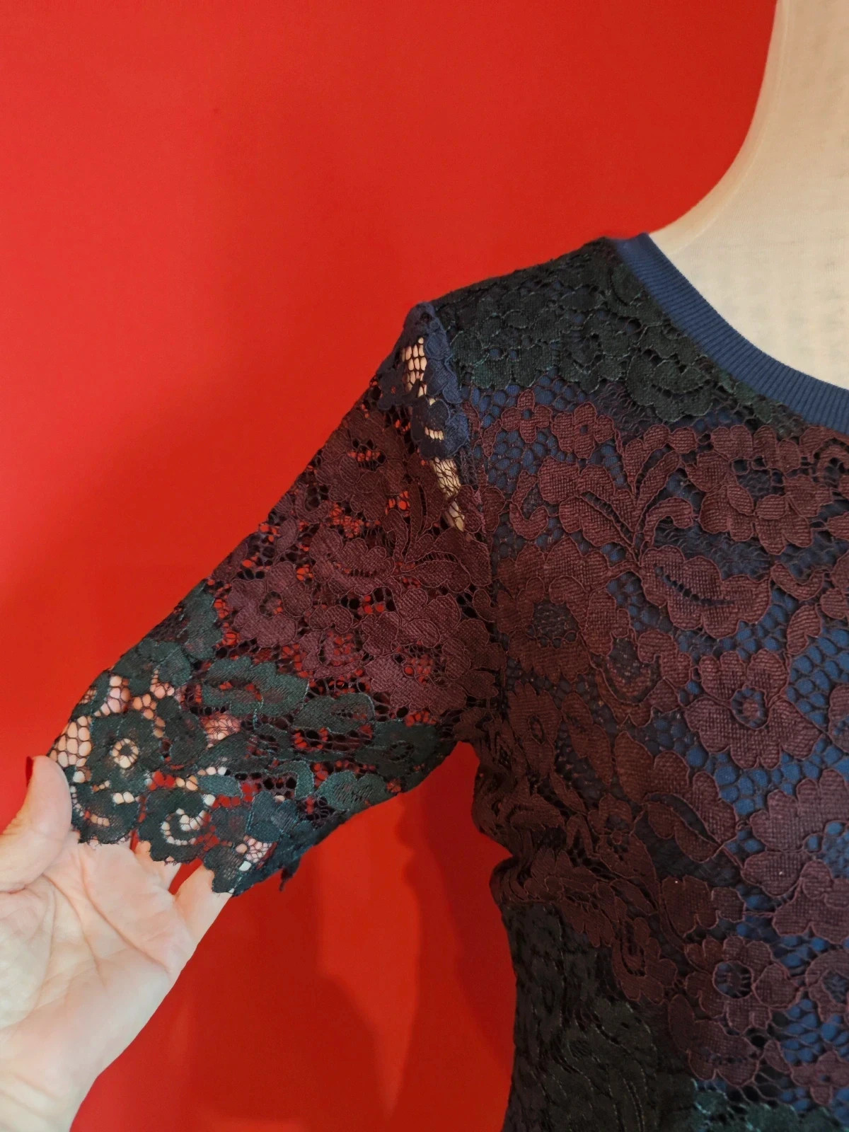 🌺 Elegante vestido de blonda azul marino, verde oscuro y granate, talla S – Cortefiel – taille S / 36 / 8 4