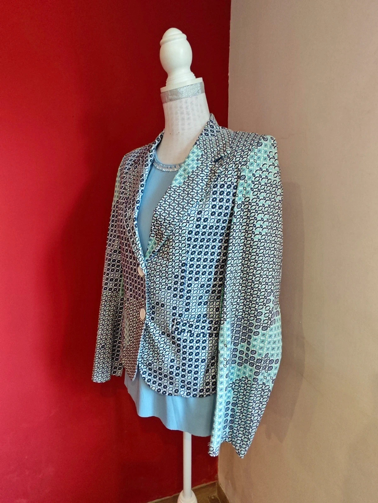 🌺Blazer entallada con estampado geometrico tonos azul, blanco y verde – Amor de Cuba – taille L / 40 / 12 3