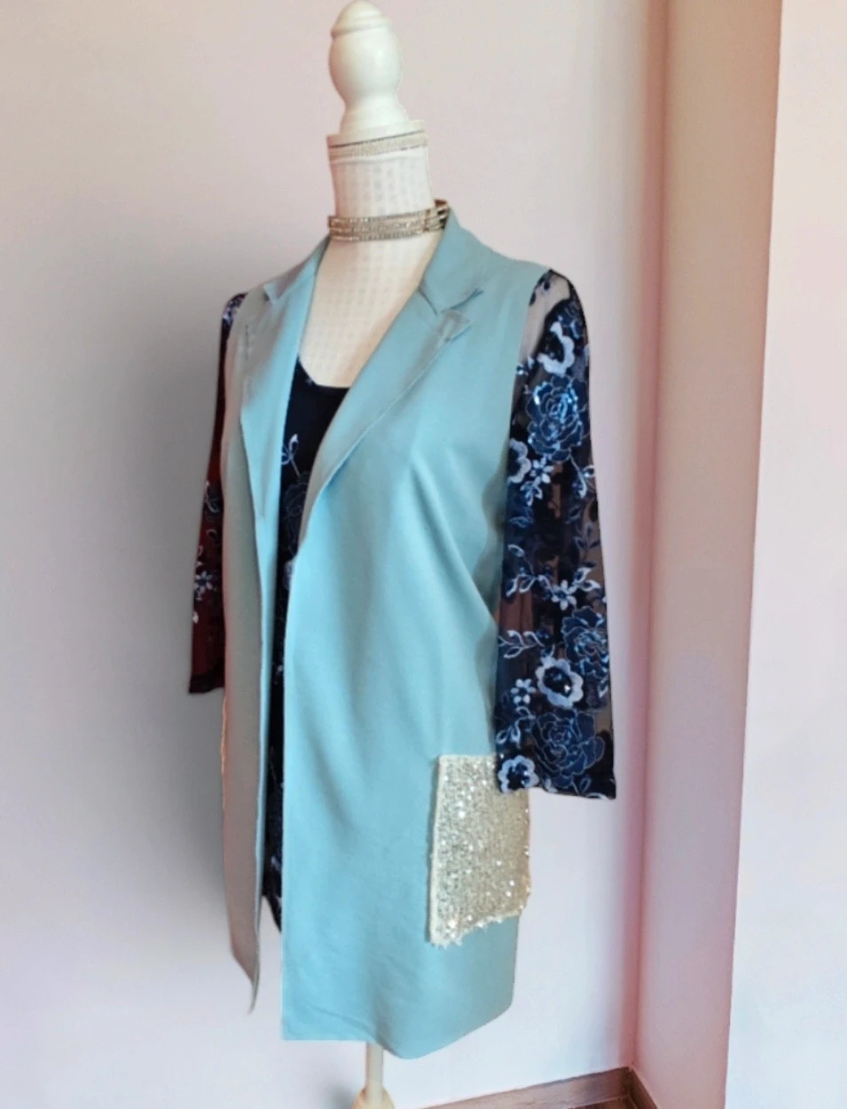 🌺Chaleco blazer elegante azul clarito y bolsillos con lentejuelas plateadas
