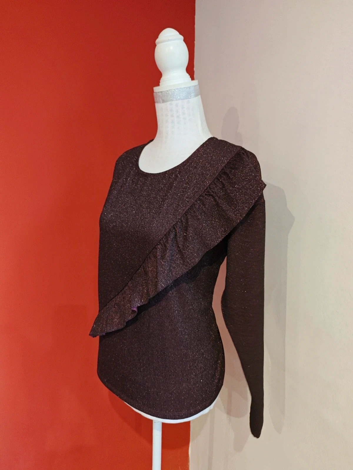 🌺Jersey morado de punto fino lurex con volante cruzado delante – Promod – taille XL / 42 / 14 3