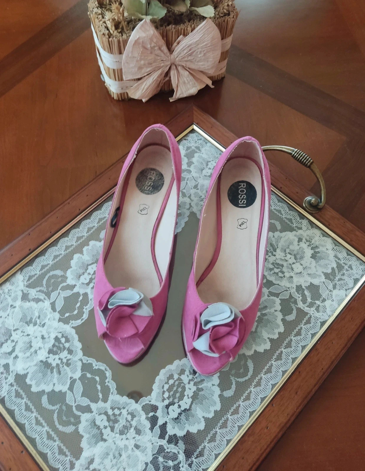 🌺 Zapatos peep toe de piel color fucsia y gris con pequeña plataforma, número 37 – ROSSI – taille 37 2