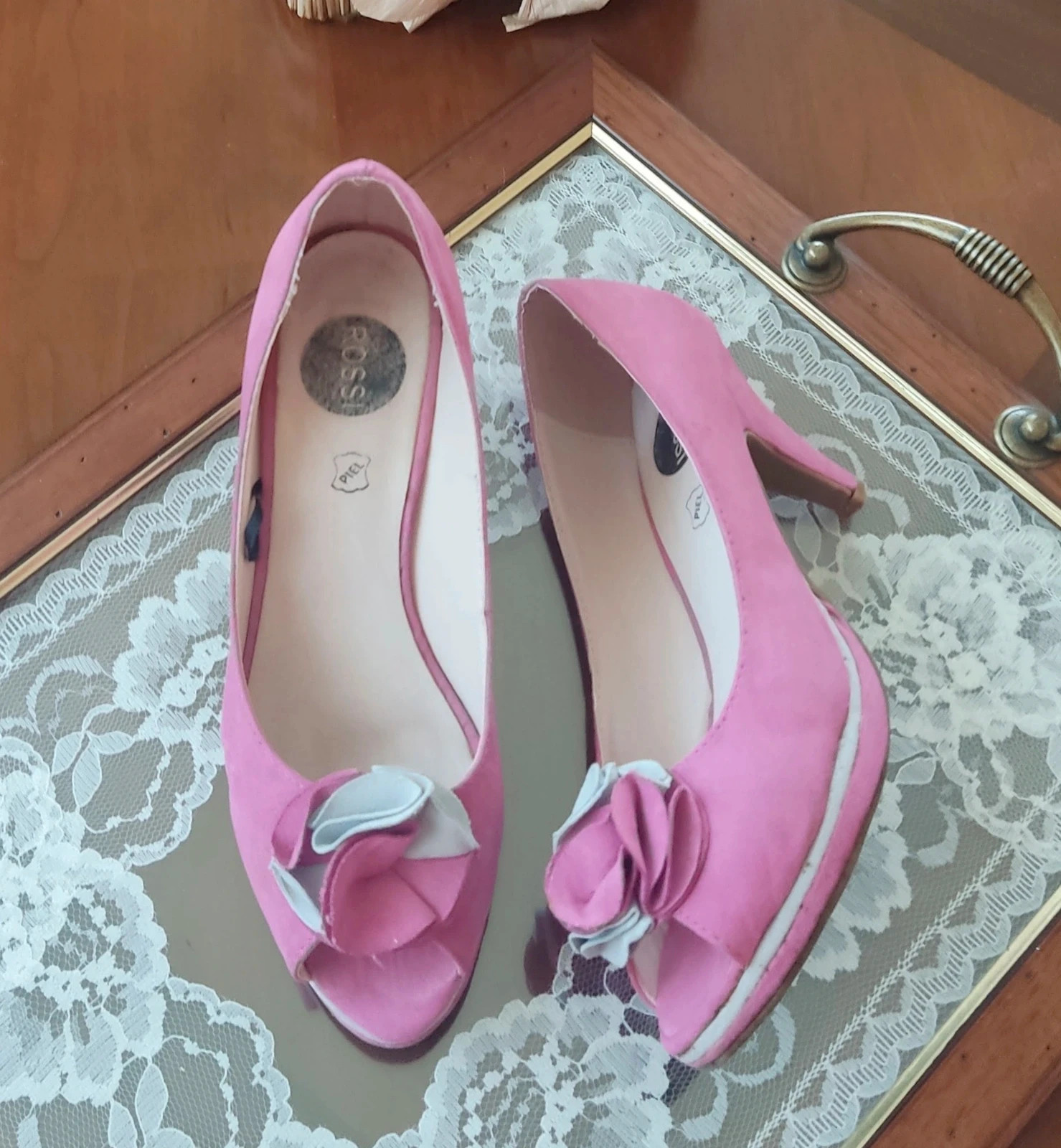 🌺 Zapatos peep toe de piel color fucsia y gris con pequeña plataforma, número 37