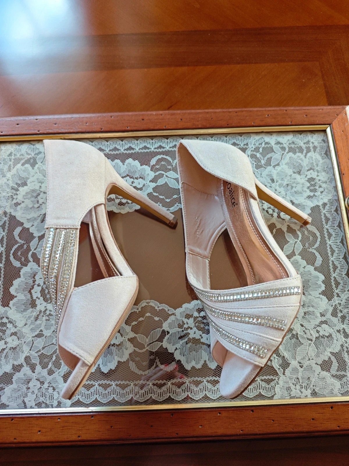 🌺Zapatos para eventos de antelina rosa clarito con tiras de stras plateado – Joalice – taille 38 3