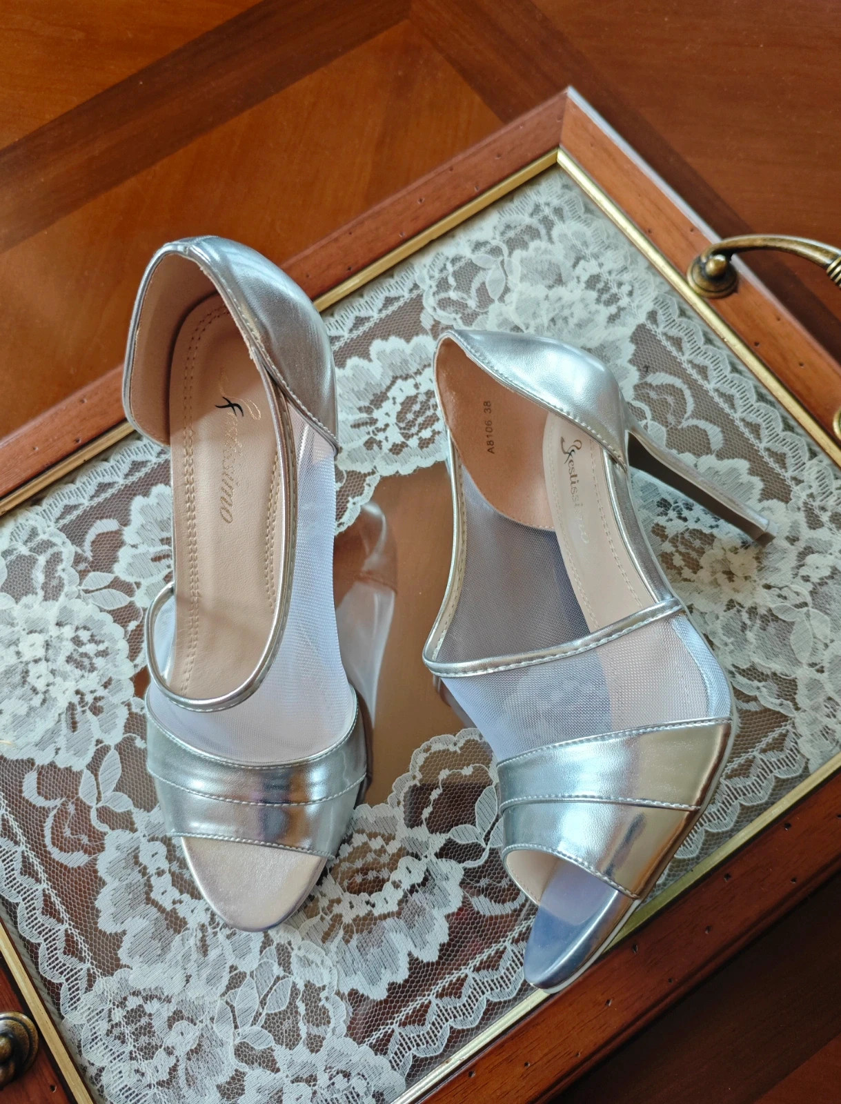 🌺Zapatos de tacón abiertos plateados y transparentes
