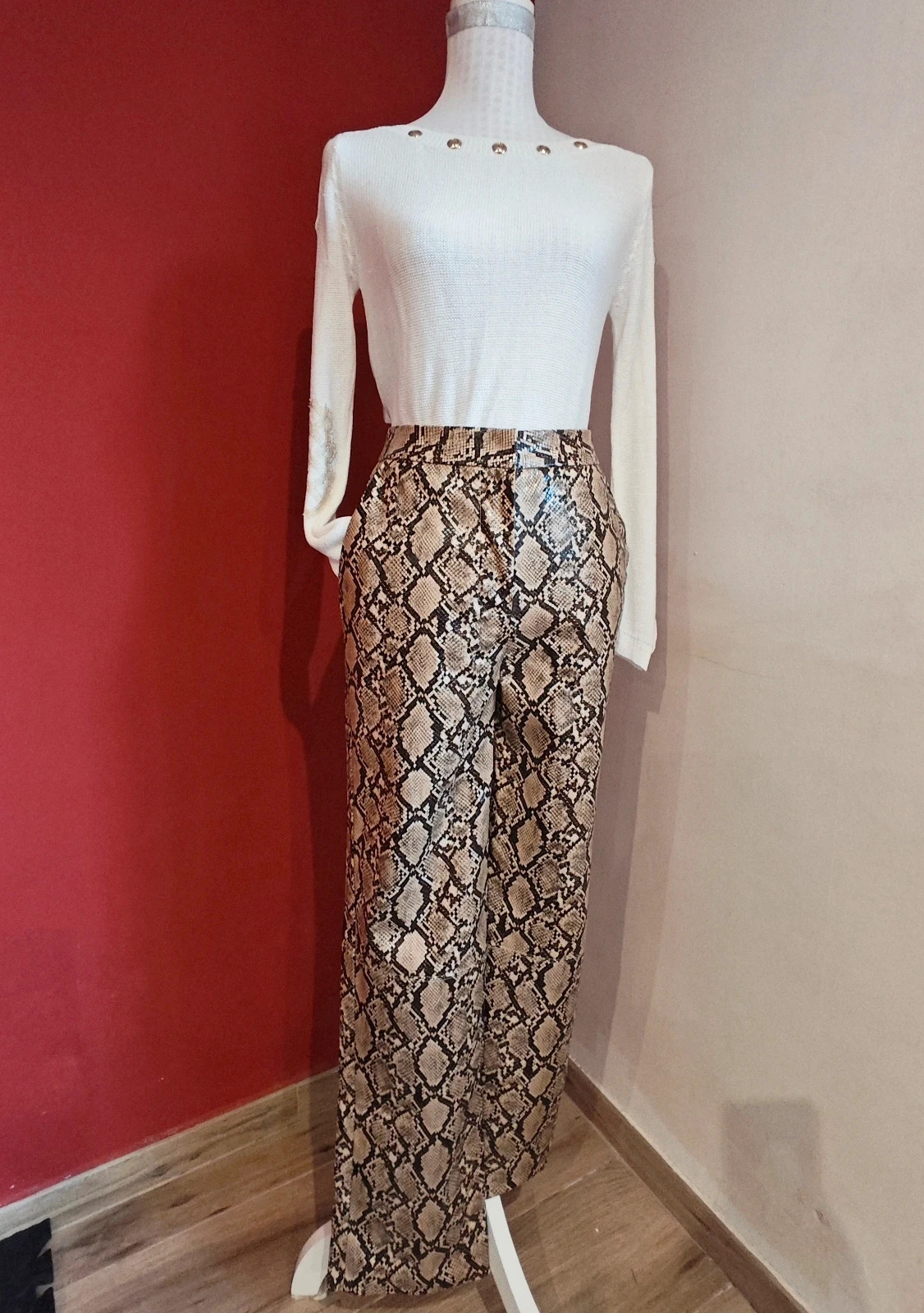 🌺Pantalón símil piel estampado serpiente tonos marrón y beige