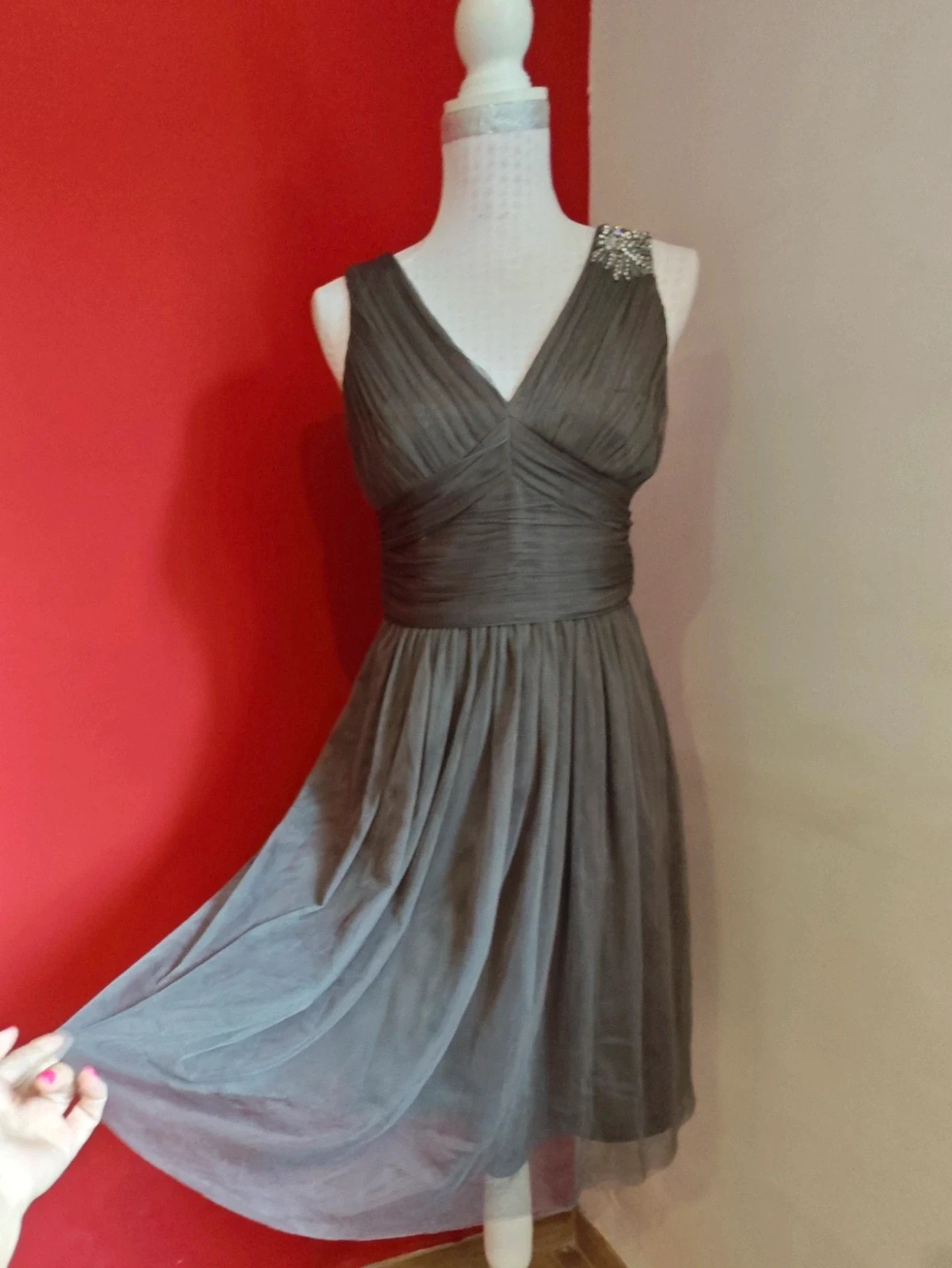 🌺Vestido de gasa gris y parte superior drapeada y con brillantes plateados,de Esprit – Esprit – taille M / 38 / 10 2