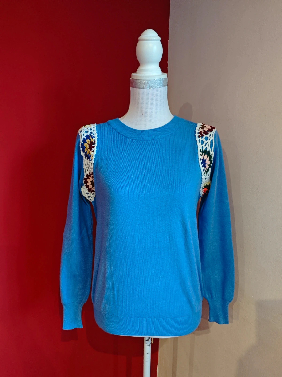 🌺 Jersey azul con crochet en hombros – Laetitia Mem – taille L / 40 / 12 2