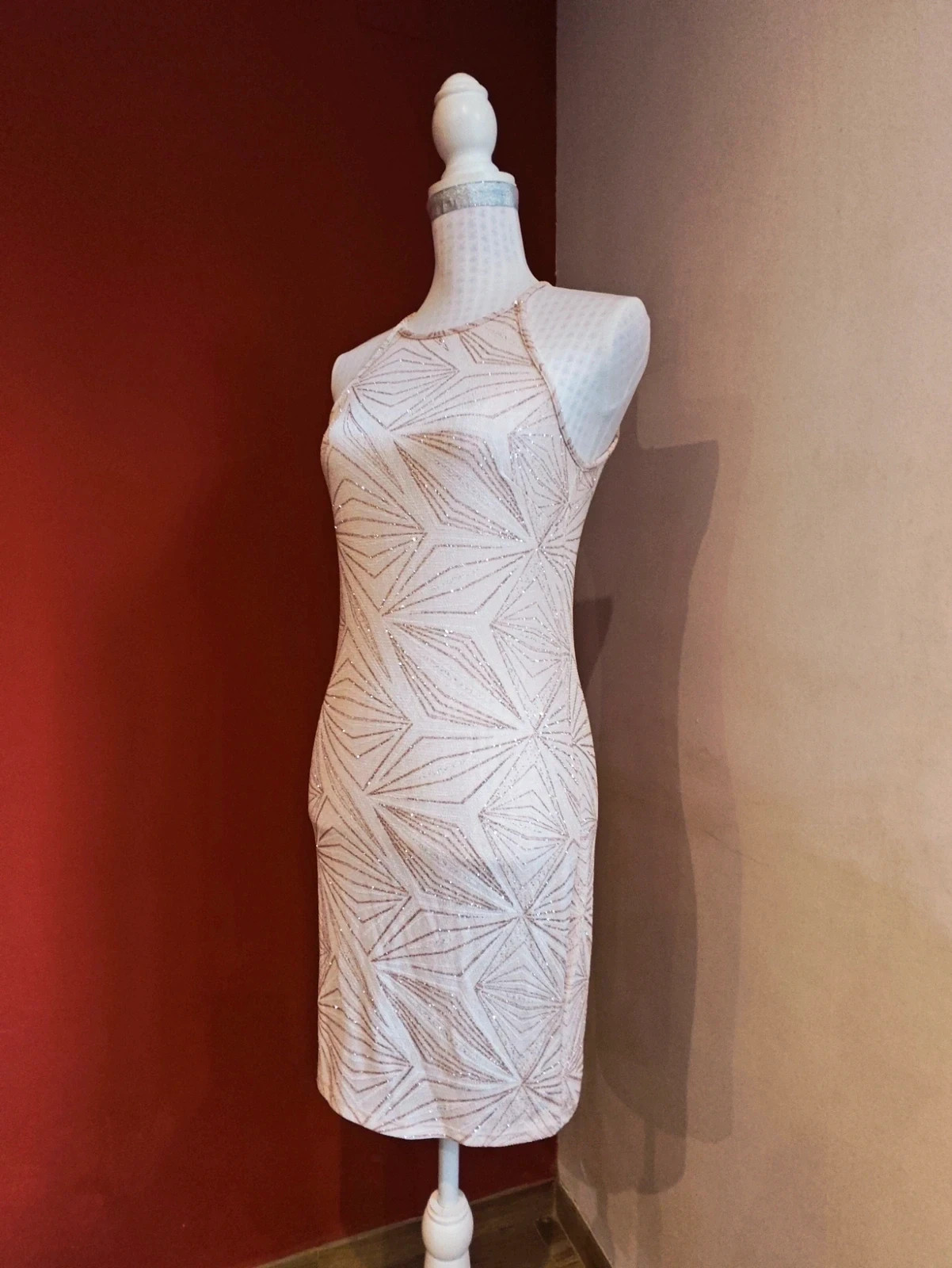 🌺Vestido para eventos de tela elástica rosa con brillos geométricos – taille XS / 34 / 6 3