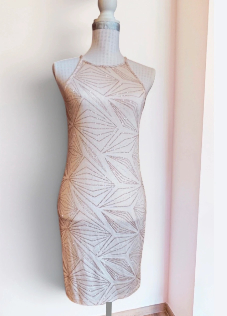 🌺Vestido para eventos de tela elástica rosa con brillos geométricos