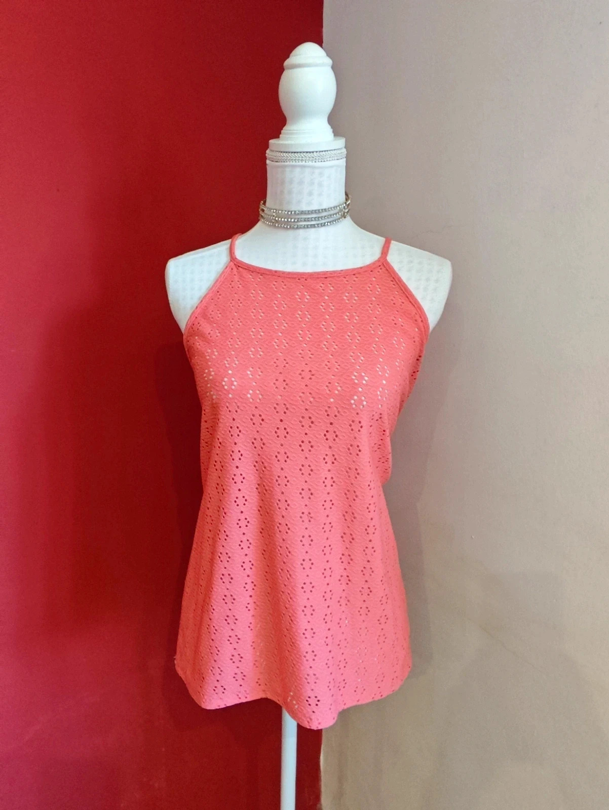 🌺Top tono coral de tirantes cuello halter y tejido con calados – Encuentro – taille XXXL / 46 / 18 2