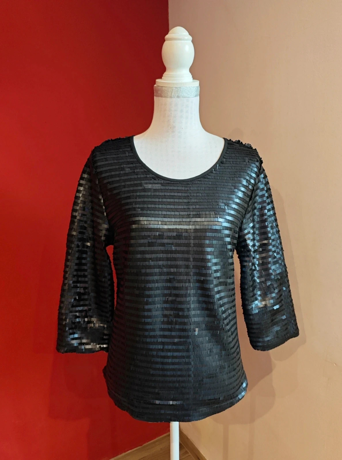 🌺Blusa de gasa color navy, prácticamente negro, llena de pailettes, talla XL – Amenapih – taille XL / 42 / 14 2