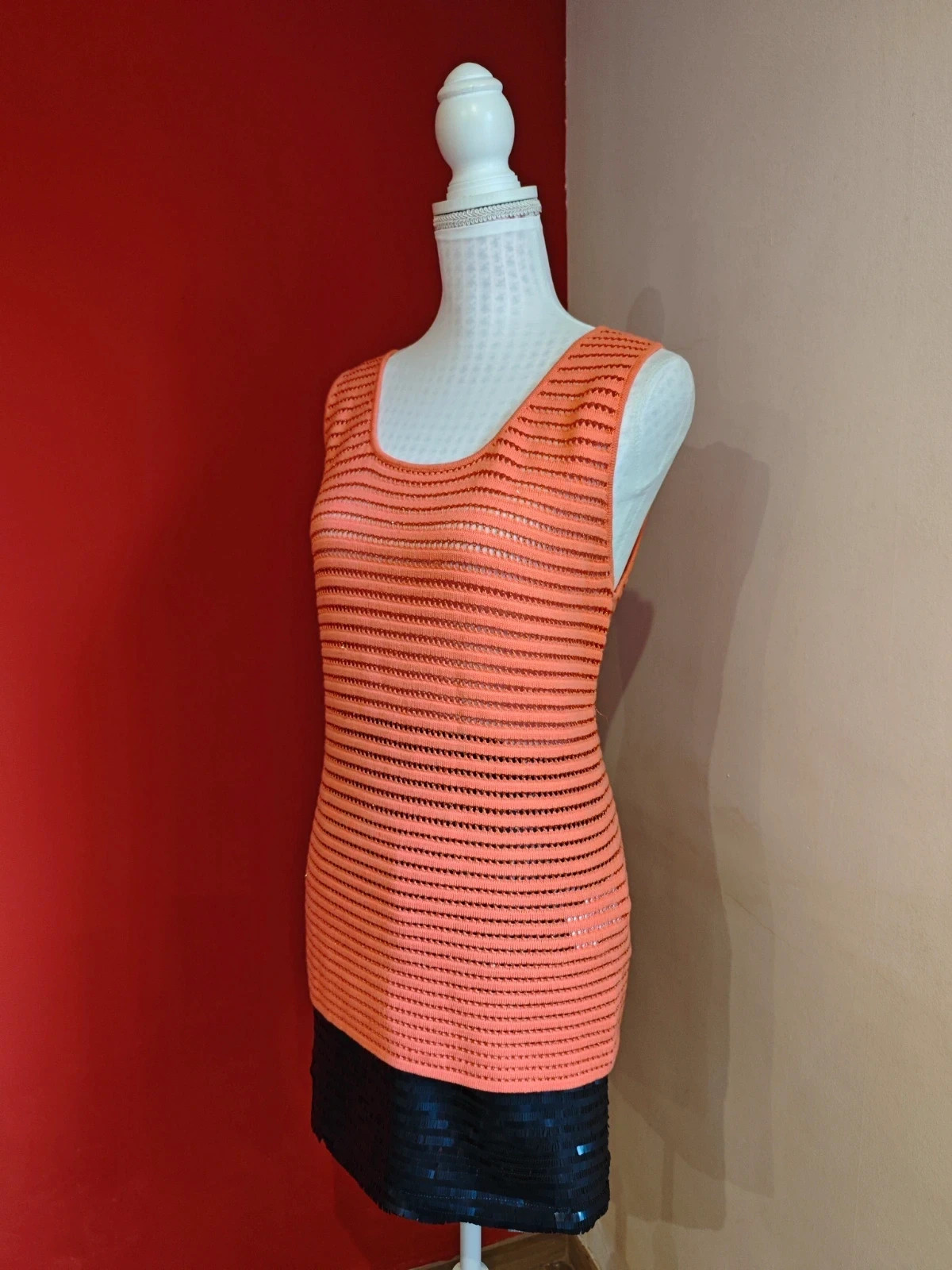 🌺Top largo coral de punto calado con brillos, de Morgan – Morgan – taille M / 38 / 10 3