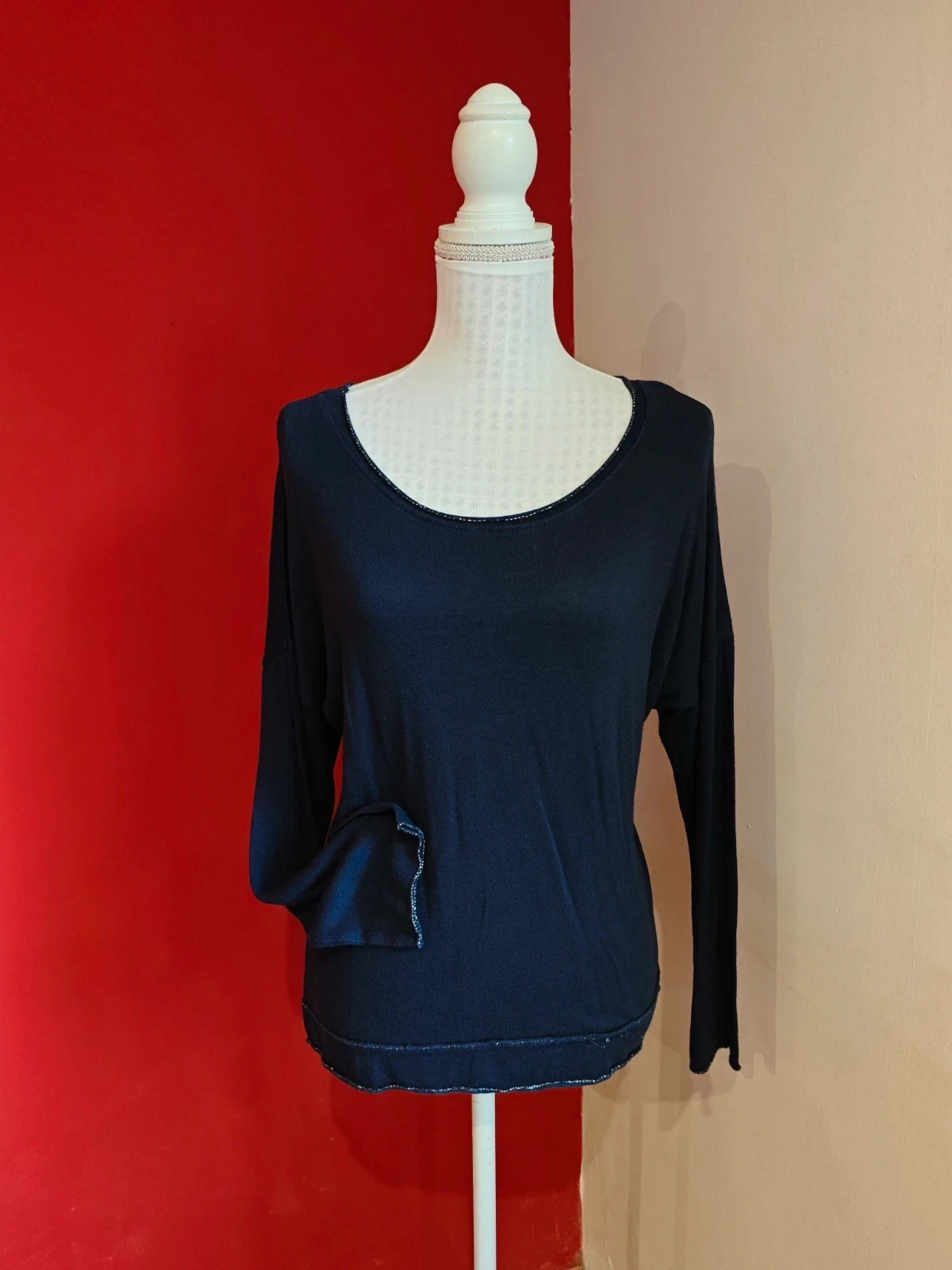 🌺 Camiseta de punto azul marino con bordes plateados – New Collection – taille XXL / 44 / 16 2