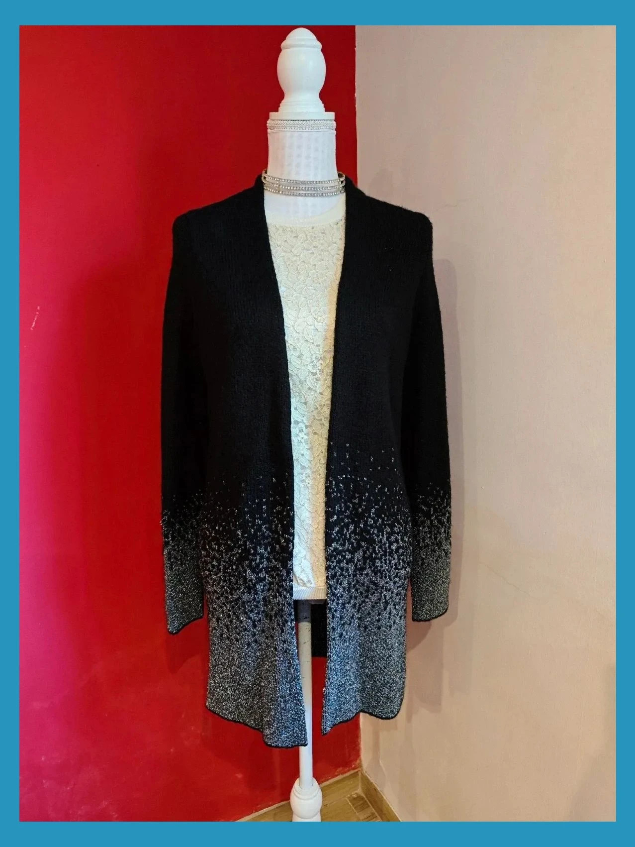 🌺Preciosa chaqueta abrigo de punto negro con la parte de abajo plateada – Yessica – taille XL / 42 / 14 3