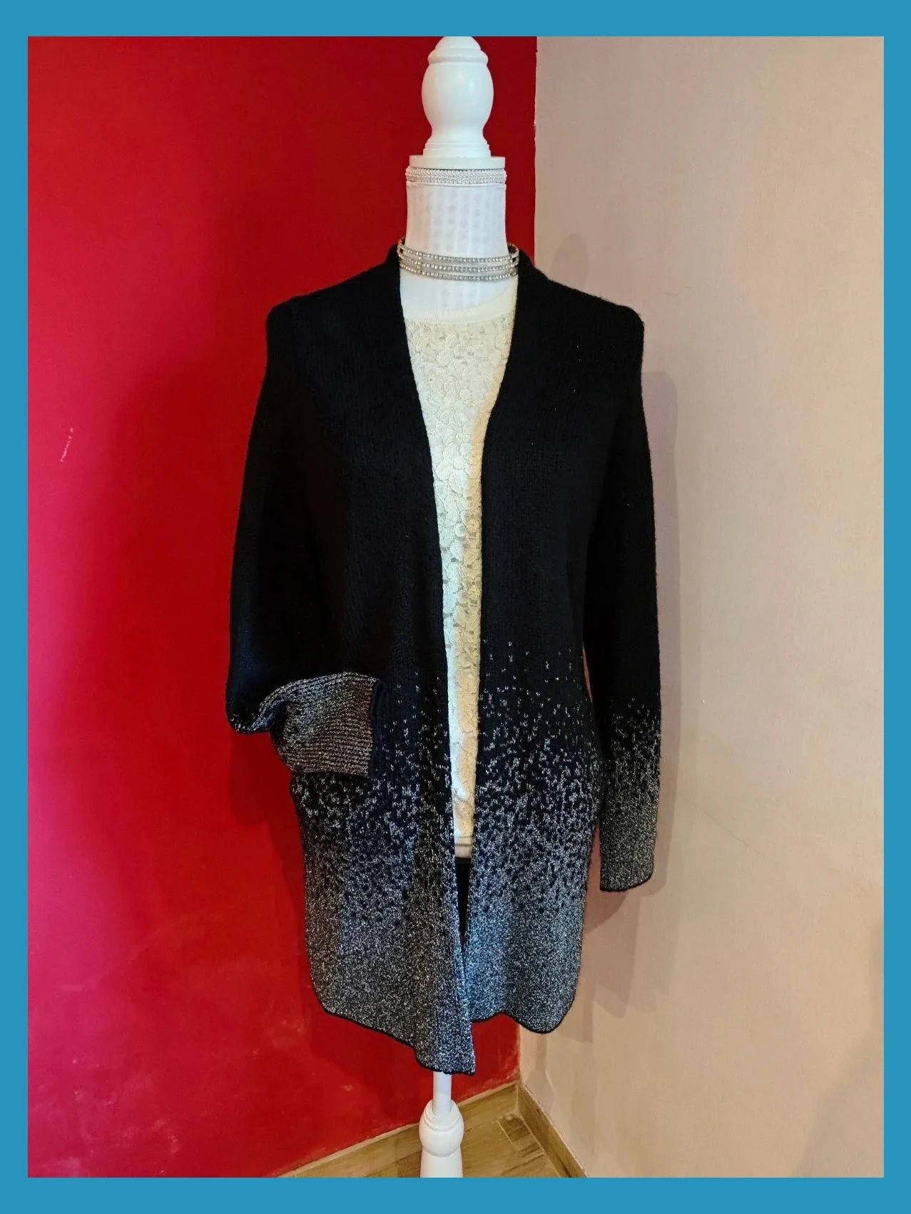 🌺Preciosa chaqueta abrigo de punto negro con la parte de abajo plateada – Yessica – taille XL / 42 / 14 2