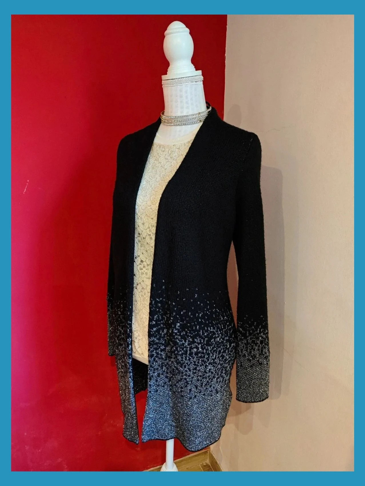 🌺Preciosa chaqueta abrigo de punto negro con la parte de abajo plateada – Yessica – taille XL / 42 / 14 4