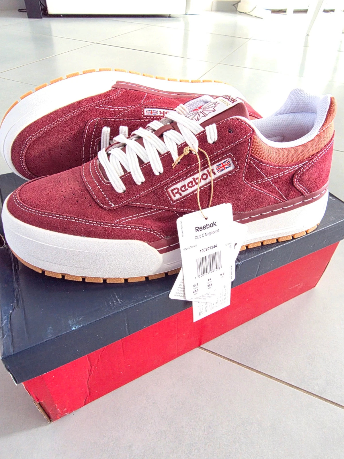 Baskets Reebok Club C Megacourt Bordeaux et Orange Pointure 44 Neuves
