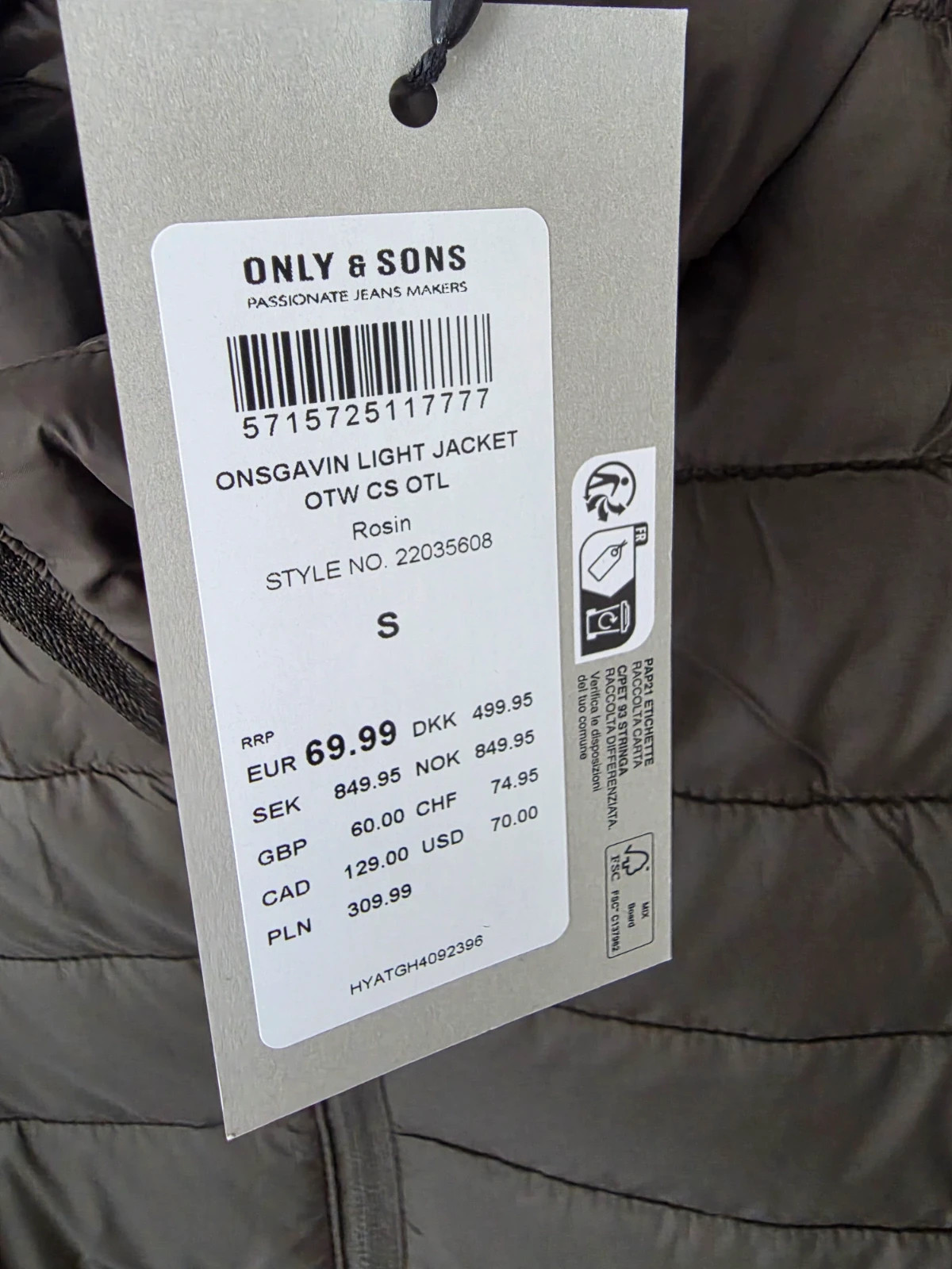 Doudoune Légère Homme Only & Sons Vert Kaki Taille S Neuve avec étiquette – ONLY & SONS – taille S 2