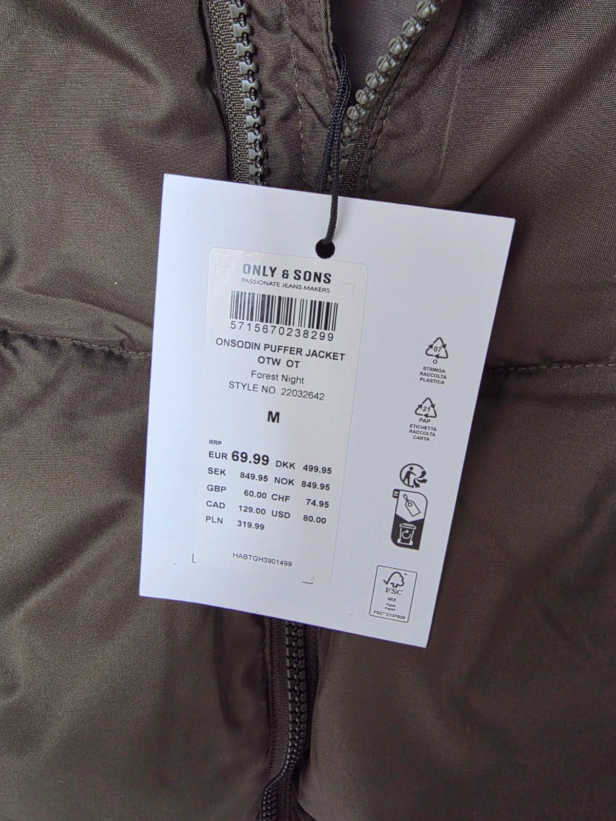 Doudoune Homme Only & Sons Vert Kaki / Militaire Taille M Neuve avec étiquette – ONLY & SONS – taille M 2