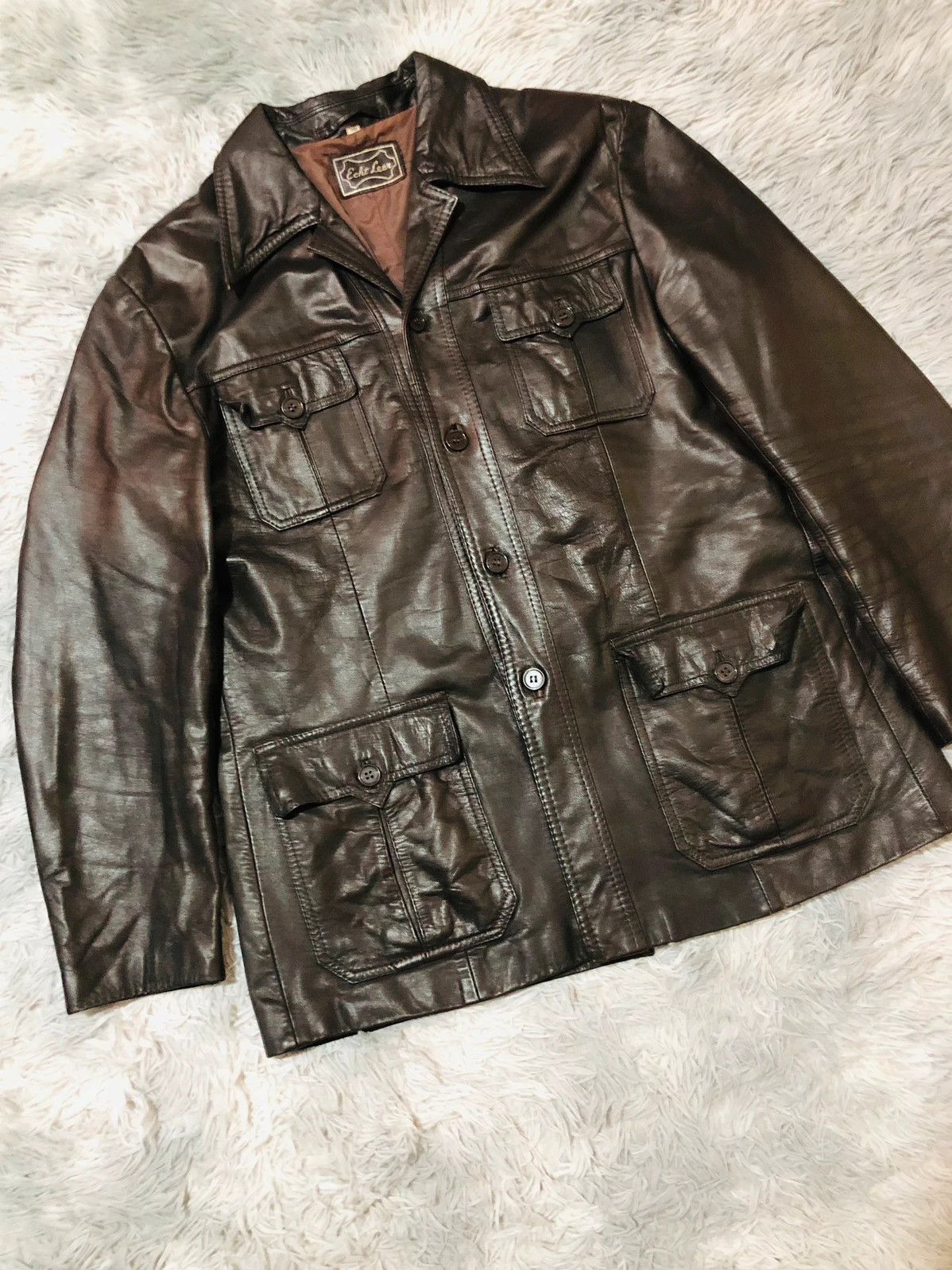 Mens Brown Real Leather Safari Field Jacket Button Front Four Flap Pockets Shirt Collar - Size EU 56 – Vintage Dressing – taille XXL 2