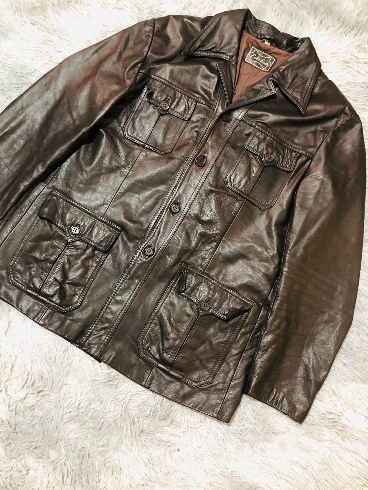 Mens Brown Real Leather Safari Field Jacket Button Front Four Flap Pockets Shirt Collar - Size EU 56 – Vintage Dressing – taille XXL 3