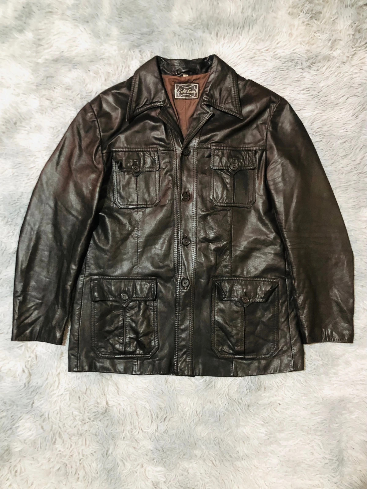 Mens Brown Real Leather Safari Field Jacket Button Front Four Flap Pockets Shirt Collar - Size EU 56