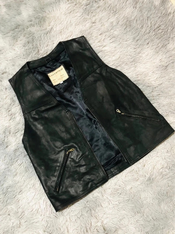 Eastwood Real Leather Biker Vest Black Full Zip Waistcoat V Neck Zipped Pockets Sleeveless - Size XL – Vintage Dressing – taille XL 2