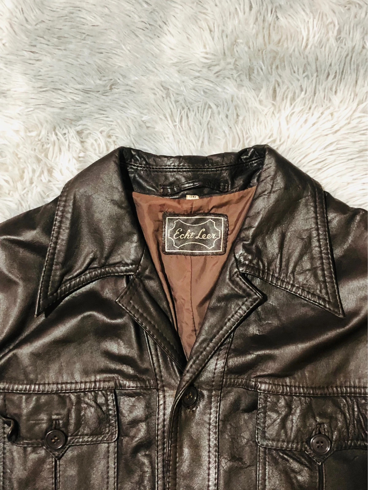Mens Brown Real Leather Safari Field Jacket Button Front Four Flap Pockets Shirt Collar - Size EU 56 – Vintage Dressing – taille XXL 4