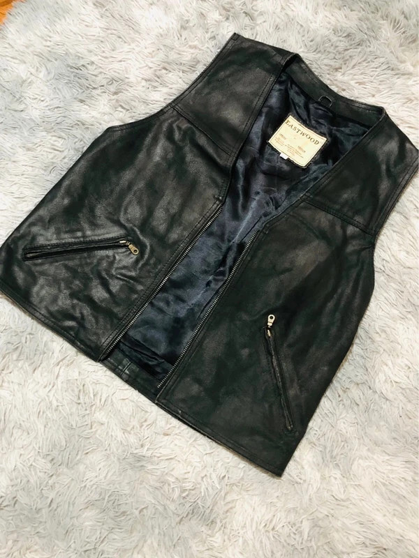 Eastwood Real Leather Biker Vest Black Full Zip Waistcoat V Neck Zipped Pockets Sleeveless - Size XL – Vintage Dressing – taille XL 3