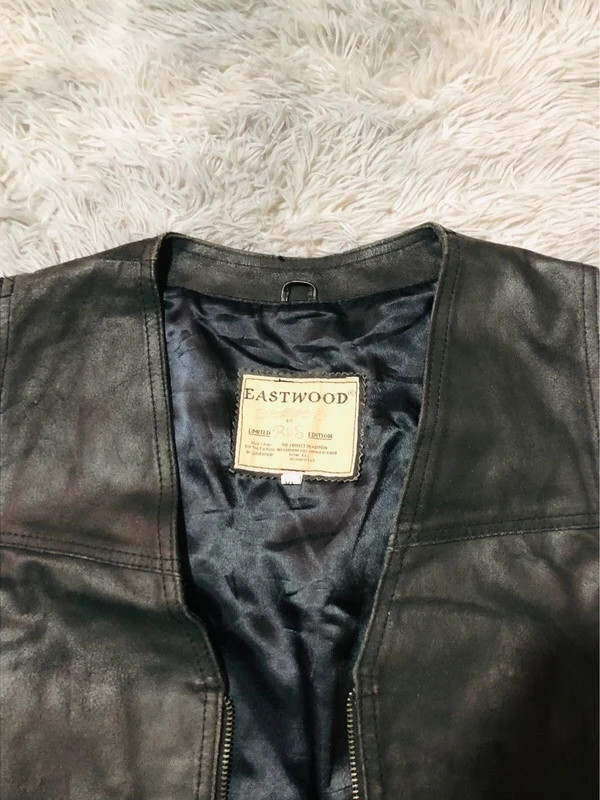 Eastwood Real Leather Biker Vest Black Full Zip Waistcoat V Neck Zipped Pockets Sleeveless - Size XL – Vintage Dressing – taille XL 4