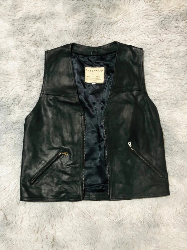 Eastwood Real Leather Biker Vest Black Full Zip Waistcoat V Neck Zipped Pockets Sleeveless - Size XL