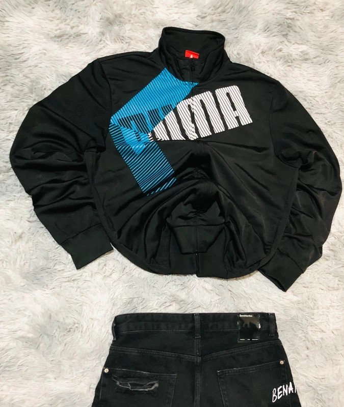 Puma Track Jacket Black Blue White Big Graphic Logo Full Zip High Neck Sportswear Polyester - Size L – Puma – taille L 2