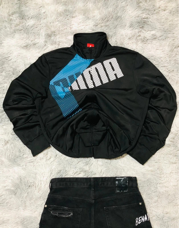 Puma Track Jacket Black Blue White Big Graphic Logo Full Zip High Neck Sportswear Polyester - Size L