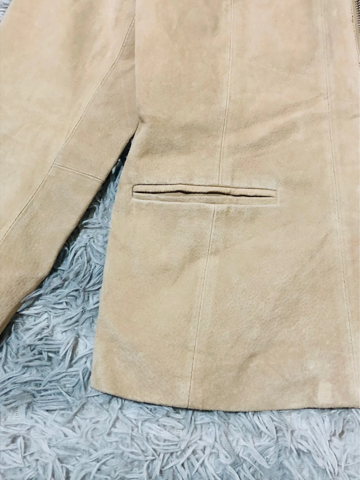 HEMA Genuine Suede Leather Jacket Beige Full Zip Round Neck Collarless Long Sleeve Pockets - Size XL – Vintage Dressing – taille XL / 42 / 14 2