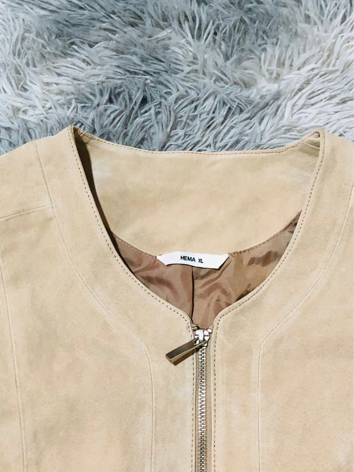 HEMA Genuine Suede Leather Jacket Beige Full Zip Round Neck Collarless Long Sleeve Pockets - Size XL – Vintage Dressing – taille XL / 42 / 14 4
