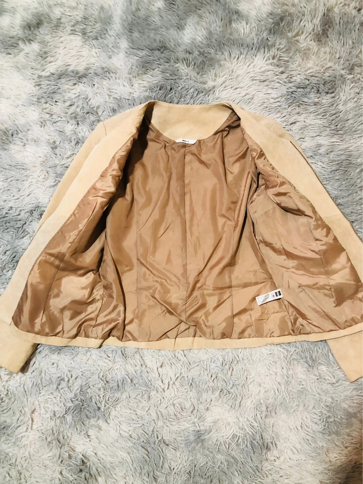 HEMA Genuine Suede Leather Jacket Beige Full Zip Round Neck Collarless Long Sleeve Pockets - Size XL – Vintage Dressing – taille XL / 42 / 14 5