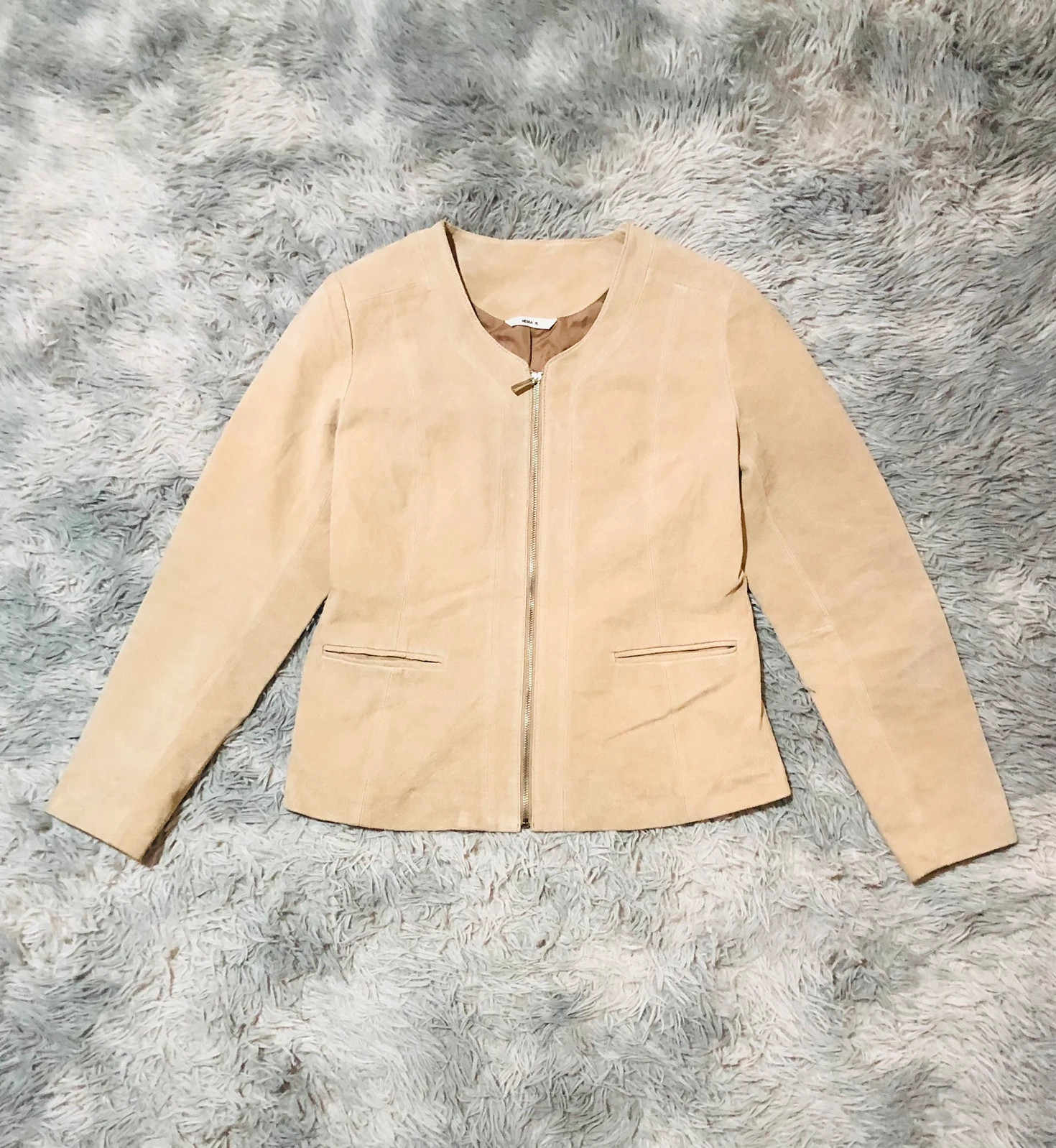 HEMA Genuine Suede Leather Jacket Beige Full Zip Round Neck Collarless Long Sleeve Pockets - Size XL