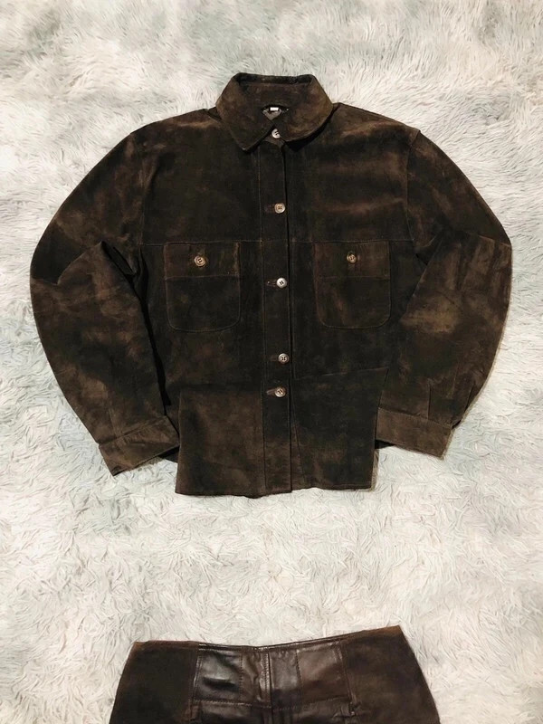 Brown Suede Effect Jacket Button Front Chest Pockets Shirt Collar Long Sleeves Womens - Size M EU 38