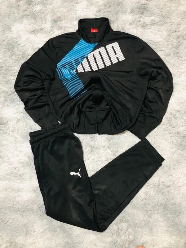 Puma Tracksuit Black Blue White Logos Full Zip Track Jacket and DryCELL Track Pants Joggers - Size L