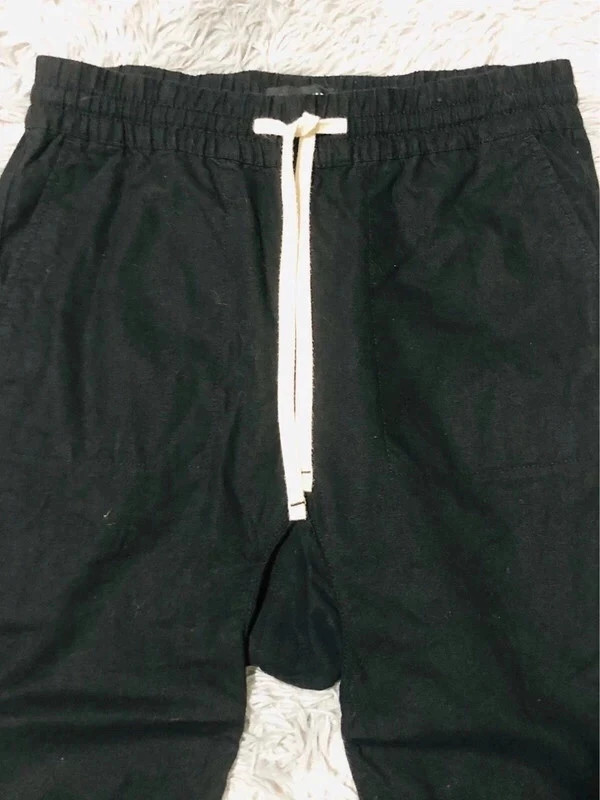 Pull & Bear Trousers Black Linen Cotton Blend Cropped Elasticated Waist Drawstring Pockets - Size 40 – Pull & Bear – taille M 2