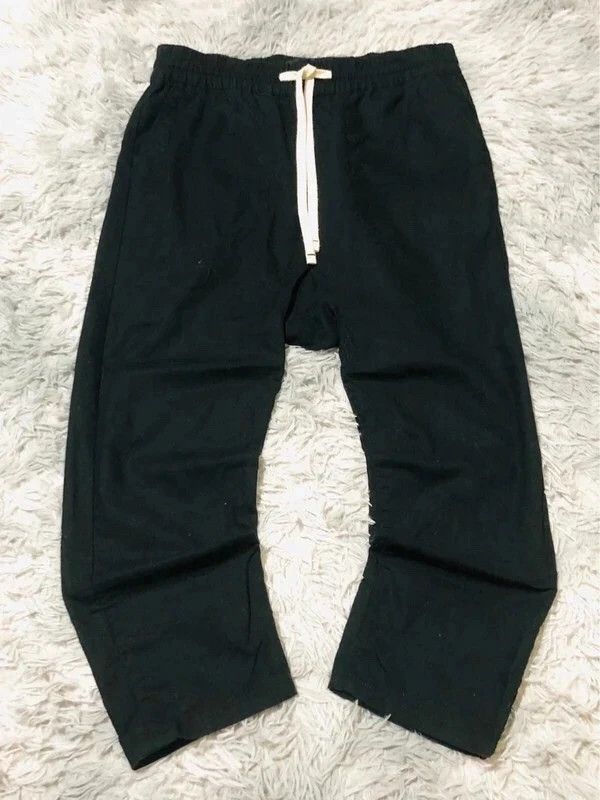 Pull & Bear Trousers Black Linen Cotton Blend Cropped Elasticated Waist Drawstring Pockets - Size 40